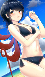 Rule 34 | 1girl, :d, ahoge, asymmetrical wings, bare arms, bare shoulders, beach, bikini, black bikini, black hair, blue sky, blue wings, blush, breasts, cloud, commentary request, cowboy shot, day, dutch angle, groin, hand up, highres, houjuu nue, kisamu (ksmz), looking at viewer, medium breasts, navel, ocean, open mouth, outdoors, pointy ears, red eyes, red wings, short hair, side-tie bikini bottom, sky, smile, solo, standing, stomach, swimsuit, thighs, touhou, wet, wings