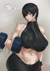 Rule 34 | 1girl, abs, arm support, black hair, black pants, black shirt, breast conscious, breasts, covered erect nipples, crossed bangs, curvy, dumbbell, earrings, english text, exercising, female focus, heavy breathing, huge breasts, jewelry, kunaboto, kurogane chichiushi, looking to the side, muscular, muscular female, original, pants, pubic hair, pubic hair peek, puffy areolae, shirt, short hair, sleeveless, sleeveless shirt, sportswear, sweatdrop, thought bubble, weightlifting, wristband, zipper
