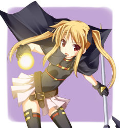 Rule 34 | 00s, 1girl, :o, bardiche (axe form) (nanoha), bardiche (nanoha), belt, black thighhighs, blonde hair, brown eyes, cape, fate testarossa, fate testarossa (movie 1st form), gloves, hisae (hisae collect), holding, long hair, lyrical nanoha, mahou shoujo lyrical nanoha, skirt, solo, staff, thighhighs, twintails