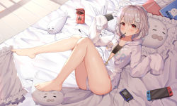 Rule 34 | 1girl, absurdres, ass, bandeau, barefoot, bed, collarbone, copyright request, drawstring, food, grey hair, hair ornament, highres, hokori sakuni, holding, holding phone, hood, hood down, hoodie, legs up, long sleeves, looking at viewer, lying, mouth hold, nintendo switch, notebook, official art, on back, on bed, panties, phone, pillow, pocky, red eyes, shirakami haruka, short hair, sleeves past fingers, sleeves past wrists, solo, stuffed seal, stuffed toy, thighs, underwear, virtual youtuber, white panties