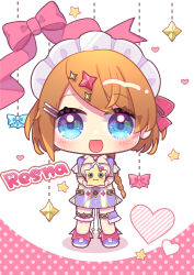 1girl :d absurdres atelier_(series) atelier_resleriana aya_(ritsuki1129) blue_eyes bow braid character_name chibi commentary_request creature full_body hair_ornament hairclip heart highres holding holding_creature long_hair looking_at_viewer maid_headdress official_alternate_costume open_mouth orange_hair pink_bow purple_footwear purple_skirt resna_sternenlicht resna_sternenlicht_(awakened_future) shoes skirt smile solo sparkle_hair_ornament standing star_(symbol)