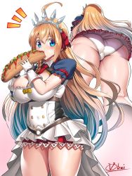 Rule 34 | 1girl, ahoge, artist name, ass, belt, blue eyes, blush, breasts, buttons, cleavage, commentary request, eating, food, gloves, hair between eyes, holding, holding food, large breasts, long hair, looking at viewer, obui, panties, pecorine (princess connect!), princess connect!, puffy short sleeves, puffy sleeves, ribbon, sandwich, short sleeves, signature, solo, thick thighs, thighs, tiara, underwear, very long hair, white background, white panties