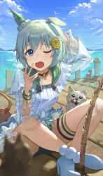 Rule 34 | 1girl, absurdres, animal, animal ears, arm up, black choker, blue eyes, blue shorts, blue sky, bracelet, breasts, c2h6o, cat, choker, commentary, crossed legs, day, ear covers, fishing rod, frilled shirt, frills, grey hair, hair ornament, hairclip, highres, horse ears, horse girl, horse tail, jewelry, long sleeves, looking at viewer, medium breasts, mountainous horizon, multiple cats, ocean, one eye closed, open mouth, outdoors, seiun sky (umamusume), shirt, short hair, shorts, single ear cover, sky, solo, tail, thigh strap, umamusume, white footwear, white shirt, yawning