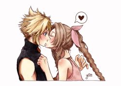 Rule 34 | 1boy, 1girl, aerith gainsborough, artist name, bare arms, blonde hair, blue eyes, blush, braid, braided ponytail, breasts, brown hair, choker, closed eyes, cloud strife, couple, dated, dress, final fantasy, final fantasy vii, final fantasy vii remake, hair ribbon, heart, hetero, hover hand, kiss, leaning forward, long hair, looking at another, medium breasts, parted bangs, pink dress, pink ribbon, ribbon, shirt grab, short hair, sidelocks, sleeveless, sleeveless dress, sleeveless turtleneck, spiked hair, square enix, turtleneck, upper body, white background, wide-eyed, yco 030601