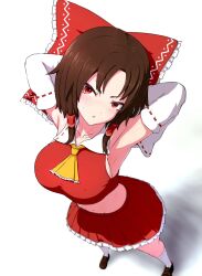 Rule 34 | 1girl, armpits, ascot, bad anatomy, black footwear, bow, breasts, commentary, detached sleeves, foreshortening, from above, full body, groin, hair bow, hair tubes, hakurei reimu, highres, large breasts, looking at viewer, pepelonthi, red bow, red eyes, red shirt, red skirt, ribbon-trimmed sleeves, ribbon trim, shirt, sidelocks, simple background, skirt, socks, solo, standing, touhou, white background, white socks, yellow ascot
