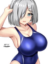 Rule 34 | 1girl, arm up, armpits, bare shoulders, blue one-piece swimsuit, blush, breasts, cleavage, collarbone, covered navel, dated, grey hair, hair ornament, hair over one eye, hairclip, hamakaze (kancolle), highleg, highleg swimsuit, highres, kantai collection, looking at viewer, montemasa, one-hour drawing challenge, one-piece swimsuit, open mouth, simple background, skindentation, smile, solo, swimsuit, twitter username, upper body, white background