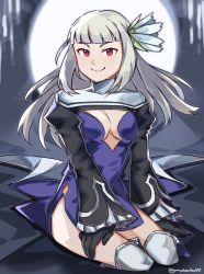 Rule 34 | 1girl, black gloves, bravely default (series), bravely second: end layer, breasts, cleavage, cleavage cutout, clothing cutout, dress, flower, full moon, gloves, graysheartart, hair flower, hair ornament, highres, long hair, magnolia arch, moon, multicolored clothes, multicolored dress, purple dress, red eyes, short dress, sidelocks, sitting, smile, solo, white hair, yokozuwari