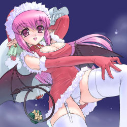Rule 34 | 1girl, :d, bat wings, blush, breasts, christmas, cleavage cutout, clothing cutout, covered erect nipples, demon girl, demon tail, dress, dutch angle, earrings, elbow gloves, fur trim, garter belt, garter straps, gift, gloves, hair ribbon, hat, inu777, jewelry, large breasts, lingerie, long hair, night, night sky, nira (character), oouchi takadou, open mouth, original, outdoors, panties, pantyshot, pink eyes, pink hair, pointy ears, ponytail, red gloves, ribbon, sack, santa costume, santa hat, short dress, single earring, skin tight, sky, smile, snowing, solo, tail, thighhighs, turtleneck, underwear, upskirt, very long hair, white thighhighs, wide hips, wings