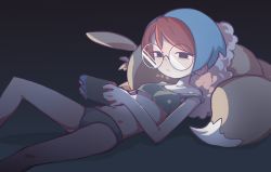 Rule 34 | 1girl, bare shoulders, black eyes, blue hair, breasts, closed mouth, collarbone, commentary, creatures (company), crop top, dark, eevee, feet out of frame, game freak, gen 1 pokemon, glasses, gradient background, grey background, grey panties, grey tank top, groin, handheld game console, holding, holding handheld game console, light frown, looking at screen, lying, mixed-language commentary, multicolored hair, navel, nintendo, nintendo switch, on back, orenji (orenjipiiru), panties, penny (pokemon), pokemon, pokemon sv, red hair, round eyewear, short hair, small breasts, solo, straight hair, stuffed animal, stuffed toy, swept bangs, tank top, two-tone background, two-tone hair, underwear