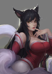 Rule 34 | 1girl, ahri (league of legends), animal ears, bare shoulders, black hair, breasts, brown eyes, cleavage, collarbone, detached sleeves, female focus, finger to mouth, fox ears, fox tail, grey background, hand up, highres, large breasts, league of legends, long hair, long sleeves, moya (artstation), multiple tails, shiny skin, sideways glance, simple background, smile, solo, tail