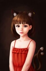 Rule 34 | 1girl, alternate costume, animal ear fluff, animal ear piercing, animal ears, bare arms, bare shoulders, blunt bangs, brown hair, cat ears, cat tail, chen, dark background, dress, earrings, expressionless, extra ears, flat chest, freckles, frills, highres, jewelry, lips, multiple tails, nekomata, no headwear, nose, petite, realistic, red dress, short hair, sidelighting, simple background, single earring, solo, sundress, tail, touhou, two tails, upper body, yyf (seaknight)