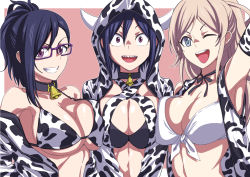 Rule 34 | 3girls, ;d, animal collar, animal print, arm up, artist name, asymmetrical bangs, bell, bikini, black bikini, black collar, black ribbon, blue eyes, blue hair, breast press, breasts, brown hair, cleavage, collar, commentary request, cow hood, cow print, front-tie bikini top, front-tie top, glasses, grin, hitomi-chan wa hitomishiri, hood, hood up, hooded jacket, jacket, large breasts, long hair, medium hair, multiple girls, natsumi chorisuke, neck bell, neck ribbon, off shoulder, one eye closed, open mouth, ponytail, print bikini, print jacket, purple-framed eyewear, purple eyes, ribbon, sharp teeth, short hair, side-by-side, signature, sleeveless, sleeveless jacket, smile, swept bangs, swimsuit, symmetrical docking, takano hitomi, teeth, textless version, white bikini, white jacket