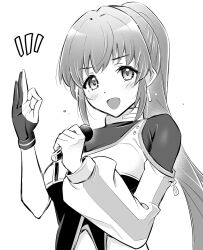 Rule 34 | 1girl, :d, blackheart, blush, breasts, commentary request, deepness (love live!), gloves, greyscale, hands up, high ponytail, highres, holding, holding microphone, link! like! love live!, long hair, long sleeves, looking at viewer, love live!, medium breasts, microphone, monochrome, notice lines, ok sign, open mouth, otomune kozue, partially fingerless gloves, sidelocks, single glove, single sleeve, smile, solo, upper body, virtual youtuber
