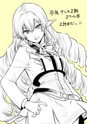 Rule 34 | 1girl, belt, bow, bowtie, breasts, closed mouth, cropped jacket, drill hair, elf, elinalise dragonroad, eyebrows hidden by hair, feet out of frame, greyscale, hair between eyes, hand on own hip, head tilt, highres, lips, long hair, looking at viewer, monochrome, mushoku tensei, pointy ears, ranoa magic academy school uniform, school uniform, shirt, simple background, skirt, small breasts, smile, solo, very long hair, yoneda kazusa