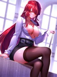 Rule 34 | 1girl, absurdres, ahoge, been, belt, belt buckle, black belt, black skirt, black thighhighs, bloody queen (elsword), blurry, blurry background, blush, breasts, buckle, cleavage, closed mouth, collared shirt, crossed legs, dutch angle, elesis (elsword), elsword, high-waist skirt, highres, holding, indoors, large breasts, long hair, looking at viewer, medium breasts, miniskirt, nipples, open clothes, open shirt, orange eyes, pencil skirt, red hair, shiny clothes, shiny legwear, shiny skin, shirt, sitting, skirt, smile, solo, thighhighs, very long hair, white shirt, wing collar, zettai ryouiki
