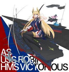 Rule 34 | 2girls, absurdres, aircraft, aircraft carrier, american flag, azur lane, blonde hair, bow (weapon), character name, coat, coat on shoulders, commentary, full body, highres, laurel crown, military vehicle, multiple girls, ryosuke1225, saratoga (azur lane), ship, thighhighs, toeless legwear, victorious (azur lane), warship, watercraft, weapon