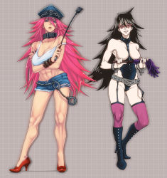 Rule 34 | 10s, 2girls, abs, alternate eye color, bad id, bad pixiv id, belt, belt buckle, big hair, black hair, blue eyes, blue shorts, boku no hero academia, bondage outfit, boots, bracer, breastless clothes, breasts, breasts apart, buckle, cat o&#039; nine tails, choker, cleavage, clothing aside, collar, contrapposto, crop top, crossed arms, crossover, cuffs, cutoffs, denim, denim shorts, dominatrix, domino mask, facing viewer, final fight, full body, garter straps, glasses, grin, hair between eyes, handcuffs, happy, hat, high heel boots, high heels, holding, holding riding crop, holding whip, knee boots, large breasts, leotard, leotard aside, long hair, looking at viewer, mask, medium breasts, midnight (boku no hero academia), mole, mole under eye, multiple girls, muscular, muscular female, no nipples, open fly, pale skin, parted lips, peaked cap, pink eyes, pink hair, poison (final fight), purple legwear, r (waru), red footwear, riding crop, shoes, short shorts, shorts, smile, spiked hair, standing, strap slip, street fighter, tank top, teeth, thighhighs, unbuttoned, unzipped, very long hair, whip