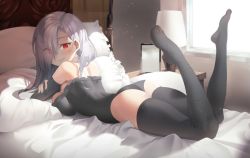 Rule 34 | 1girl, ass, bare shoulders, bed, black one-piece swimsuit, black sleeves, black thighhighs, blush, breasts, commission, grey hair, k pring, large breasts, long hair, looking at viewer, lying, on bed, on stomach, one-piece swimsuit, original, red eyes, sharp teeth, solo, swimsuit, teeth, thighhighs