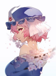 Rule 34 | 1girl, blue hat, blue kimono, blurry, breasts, cherry blossoms, depth of field, hair between eyes, hanamoto410, hat, highres, japanese clothes, kimono, large breasts, looking back, mob cap, open mouth, petals, pink eyes, pink hair, saigyouji yuyuko, short hair, simple background, solo, touhou, triangular headpiece, upper body, white background