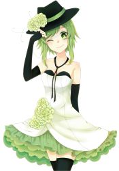Rule 34 | 1girl, absurdres, arm behind back, bare shoulders, black gloves, black hat, black thighhighs, collarbone, commentary, cowboy shot, dress, dress flower, elbow gloves, erchenger, fingerless gloves, flower, frilled dress, frills, gloves, green eyes, green flower, green hair, gumi, hand up, hat, hat flower, highres, looking at viewer, neck ribbon, one eye closed, ribbon, sidelocks, smile, solo, standing, strapless, strapless dress, thighhighs, transparent background, vocaloid, white background, white dress, zettai ryouiki