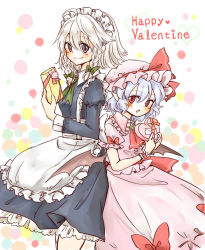 Rule 34 | 2girls, apron, back-to-back, bat wings, blue dress, blue eyes, blue hair, box, braid, dress, gift, gift box, happy valentine, hat, hat ribbon, heart, highres, izayoi sakuya, juliet sleeves, long sleeves, looking at viewer, maid, maid apron, maid headdress, maru usagi, mob cap, multiple girls, open mouth, pink dress, pointy ears, puffy sleeves, red eyes, remilia scarlet, ribbon, short sleeves, silver hair, smile, touhou, twin braids, valentine, waist apron, wings