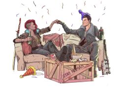 Rule 34 | 1boy, 1girl, black hair, boots, bottle, bowl, brown jacket, confetti, controller, couch, crate, crossed legs, cup, cyberpunk (series), fist bump, game controller, grey pants, hat, highres, holding, holding bottle, jacket, official art, on couch, open clothes, open jacket, pants, party hat, red hair, short hair, side cut, simple background, sword, v (cyberpunk), weapon, white background