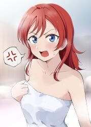 Rule 34 | 1girl, anger vein, bare shoulders, barkhorn0331, blue eyes, blush, collarbone, commentary request, hair between eyes, hair down, highres, looking at viewer, love live!, love live! superstar!!, medium hair, onsen, open mouth, red hair, sidelocks, solo, spoken anger vein, sweat, towel, upper body, v-shaped eyebrows, yoneme mei
