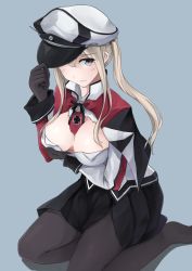 Rule 34 | 1girl, black gloves, black pantyhose, blonde hair, blue background, blush, breasts, capelet, cleavage, cross, embarrassed, gloves, graf zeppelin (kancolle), grey eyes, hair between eyes, hat, highres, iron cross, jacket, kantai collection, military, military hat, military uniform, minami machi, miniskirt, necktie, pantyhose, peaked cap, sitting, skirt, solo, torn clothes, torn jacket, twintails, uniform, wariza, white hat