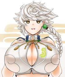 Rule 34 | 10s, 1girl, blush, braid, breast suppress, breasts, cleavage, cloud, cloud print, colored eyelashes, huge breasts, jitome, kantai collection, lips, long hair, masami t, onmyouji, open mouth, ribbon, short sleeves, side braid, single braid, solo, unryuu (kancolle), upper body, white hair, yellow eyes, yellow ribbon