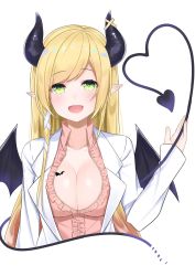 Rule 34 | 1girl, :d, arm at side, bat tattoo, blonde hair, blouse, blush, breast tattoo, breasts, cleavage, collarbone, collared shirt, commentary request, cropped torso, demon girl, demon horns, demon tail, demon wings, green eyes, hair ribbon, hand up, hashiko nowoto, highres, hololive, horns, jacket, large breasts, long hair, long sleeves, looking at viewer, open clothes, open jacket, open mouth, pink shirt, pointy ears, ribbon, shirt, sidelocks, simple background, sleeves past wrists, smile, solo, tail, tattoo, virtual youtuber, white background, white jacket, white ribbon, wing collar, wings, yuzuki choco, yuzuki choco (1st costume)