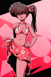 Rule 34 | 1girl, abstract background, bare legs, bikini, bikini top only, breasts, brown hair, cleavage, curvy, fingernails, floral print, hand on own hip, hip focus, kunou kodachi, limited palette, lips, long hair, looking to the side, medium breasts, nail polish, navel, pink background, ranma 1/2, red eyes, sarong, scrunchie, shiny skin, side ponytail, signature, solo, standing, swimsuit, thighs, wanta (futoshi), white bikini, wide hips