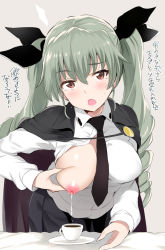 Rule 34 | 10s, 1girl, anchovy (girls und panzer), anzio school uniform, bed sheet, black necktie, black skirt, blouse, blush, breast milk, breasts, cape, cup, drill hair, girls und panzer, green hair, grey background, hair ribbon, lactating into container, lactation, long hair, long sleeves, medium breasts, necktie, nipples, no bra, noripachi, one breast out, open clothes, open mouth, open shirt, pleated skirt, red eyes, ribbon, saucer, school uniform, shirt, simple background, skirt, solo, teacup, twin drills, twintails, white shirt