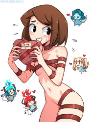 Rule 34 | 5girls, :d, angel, angel wings, artist name, averting eyes, becca (tobias wheller), black eyes, blonde hair, blue dress, blue hair, blue skin, blunt bangs, blush, bob cut, box, box of chocolates, breasts, brown hair, cassie (tobias wheller), chibi, chocolate, cleavage, collarbone, colored skin, commentary, cowboy shot, demon girl, demon horns, demon tail, dress, embarrassed, english commentary, eyeball, flying, flying sweatdrops, food, gift, groin, heart, heart-shaped box, highres, holding, holding box, holding chocolate, holding food, holding gift, horns, incoming gift, jess (tobias wheller), looking to the side, maddie (tobias wheller), midriff, multiple girls, naked ribbon, navel, nervous, open mouth, original, paid reward available, parted lips, patreon username, raised eyebrows, red ribbon, ribbon, short hair, simple background, skindentation, small breasts, smile, solo focus, sticky note, swept bangs, synn (tobias wheller), tail, tape, thick eyebrows, tobias wheller, twintails, underboob, valentine, white background, wings, wrapped up