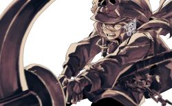 Rule 34 | 1girl, anchor, baggy clothes, belt, dong hole, gloves, greyscale, guilty gear, guilty gear strive, hat, highres, holding, holding anchor, jacket, jolly roger, may (guilty gear), monochrome, open mouth, simple background, solo, weapon, white background