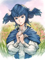Rule 34 | 1girl, bird wings, blue capelet, blue eyes, blue hair, brooch, capelet, cloud, colored eyelashes, cropped torso, feathered wings, final fantasy, final fantasy xiv, flower, grass, hands up, head wings, high collar, highres, jewelry, long sleeves, looking at viewer, makimura shunsuke, meadow, meteion, outdoors, own hands clasped, own hands together, puffy long sleeves, puffy sleeves, short hair, sky, smile, solo, upper body, wings