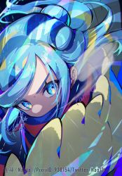 Rule 34 | 1boy, blue eyes, blue hair, commentary request, creatures (company), floating hair, game freak, grusha (pokemon), hair bun, highres, jacket, long hair, looking at viewer, male focus, naoto (yandereheaven), nintendo, pixiv id, pokemon, pokemon sv, scarf, scarf over mouth, signature, solo, upper body, yellow jacket