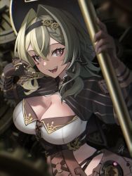 Rule 34 | 1girl, breasts, brown gloves, cleavage, commentary request, crossed bangs, gloves, grey eyes, highres, honkai (series), honkai impact 3rd, large breasts, long sleeves, looking at viewer, medium hair, parted lips, signature, smile, solo, vill-v, yaki mayu
