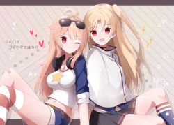 Rule 34 | 2girls, :d, ;), a.a (aa772), ahoge, azur lane, bandaid, bandaid on knee, bandaid on leg, black-framed eyewear, black skirt, blonde hair, blue shorts, blush, breasts, brown background, brown hair, capelet, cleveland (azur lane), closed mouth, columbia (azur lane), commentary request, dated, diagonal stripes, eyewear on head, hair flaps, headphones, headphones around neck, heart, long hair, medium breasts, midriff, multiple girls, navel, one eye closed, one side up, open mouth, pleated skirt, shirt, short shorts, short sleeves, shorts, single thighhigh, sitting, skirt, smile, socks, striped background, striped clothes, striped legwear, striped socks, sunglasses, thighhighs, translation request, very long hair, white capelet, white shirt