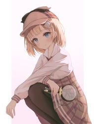 Rule 34 | 1girl, absurdres, black pantyhose, blue eyes, closed mouth, collared shirt, deerstalker, detective, hair ornament, hat, high-waist skirt, highres, holding, holding magnifying glass, hololive, hololive english, long sleeves, looking at viewer, magnifying glass, miniskirt, okey, pantyhose, plaid, plaid skirt, shirt, short hair, simple background, skirt, smile, solo, squatting, virtual youtuber, watson amelia, white background, white shirt