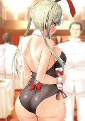 Rule 34 | 10s, 1girl, 2boys, admiral (kancolle), animal ears, ass, b-ginga, back, backless outfit, black leotard, blue eyes, blurry, blurry background, blush, book, breasts, detached collar, eyes visible through hair, fake animal ears, from behind, graf zeppelin (kancolle), holding, holding book, indoors, kantai collection, large breasts, leotard, long hair, looking down, multiple boys, playboy bunny, quad tails, rabbit ears, sideboob, solo focus, wrist cuffs