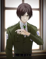 Rule 34 | 1boy, belt, black belt, black hair, blood, blood from mouth, blood on face, closed mouth, commentary, eren yeager, green eyes, green jacket, highres, indoors, jacket, long sleeves, looking at viewer, male focus, nosebleed, pocket, sayo nara drawing, shingeki no kyojin, shirt, short hair, solo, white shirt, window
