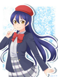 Rule 34 | 1girl, artist name, artist request, beret, black cardigan, black jacket, blue hair, blush, bow, bowtie, breasts, cardigan, checkered clothes, checkered skirt, collared shirt, female focus, grey skirt, hair between eyes, hat, highres, jacket, long hair, long sleeves, looking at viewer, love live!, love live! school idol project, miniskirt, otonokizaka school uniform, parted lips, plaid, plaid skirt, pleated, pleated skirt, pointing, pointing at self, red bow, red bowtie, red hat, school uniform, shirt, skirt, small breasts, smile, solo, sonoda umi, striped clothes, striped skirt, white shirt, white skirt, wing collar, yellow eyes