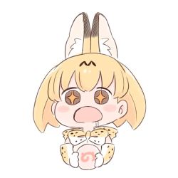 Rule 34 | + +, 10s, 1girl, animal ears, batta (ijigen debris), blonde hair, blush, bow, bowtie, brown eyes, chibi, commentary request, drooling, elbow gloves, food, gloves, japari bun, japari symbol, kemono friends, looking at viewer, open mouth, serval (kemono friends), serval print, short hair, simple background, solo, white background