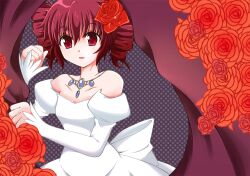 Rule 34 | 1girl, blue gemstone, breasts, collarbone, commentary request, cowboy shot, detached sleeves, dress, drill hair, flower, gem, jewelry, juliet sleeves, kasane teto, long sleeves, looking at viewer, necklace, open mouth, puffy sleeves, red eyes, red flower, red hair, red rose, romeo to cinderella (vocaloid), rose, short hair, small breasts, solo, strapless, suzunari ayana, twin drills, utau, vocaloid, white dress, white sleeves