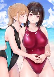Rule 34 | 2girls, bare shoulders, beach, blonde hair, blue sky, blush, breast press, breasts, brown hair, closed eyes, cloud, collarbone, commentary request, competition swimsuit, covered navel, day, highres, holding hands, hug, imminent face licking, interlocked fingers, large breasts, long hair, looking at viewer, medium hair, multiple girls, nobita (nbnobita), one-piece swimsuit, original, outdoors, parted lips, ponytail, purple eyes, red one-piece swimsuit, sky, swimsuit, tongue, tongue out, two-tone swimsuit, yuri