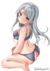 Rule 34 | 1girl, ass, ass cutout, bare arms, bare legs, bare shoulders, barefoot, blush, bra, breasts, butt crack, clothing cutout, crotchless, crotchless panties, ebifurya, hairband, highres, kantai collection, long hair, looking at viewer, open mouth, panties, purple bra, purple eyes, purple hairband, purple panties, sagiri (kancolle), silver hair, simple background, small breasts, solo, twitter username, underwear, underwear only, white background