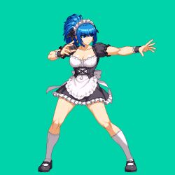 Rule 34 | 1girl, abs, alternate costume, aoi ship, apron, black dress, blue eyes, breasts, cleavage, dress, earrings, frilled apron, frills, jewelry, large breasts, leona heidern, long hair, maid, maid apron, maid headdress, muscular, muscular female, pixel art, ponytail, puffy short sleeves, puffy sleeves, short sleeves, simple background, snk, snk heroines: tag team frenzy, solo, the king of fighters, waist apron, white apron, wrist cuffs
