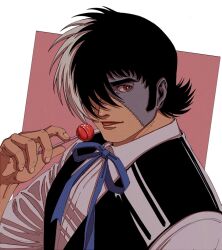 Rule 34 | 1boy, black jack (character), black jack (series), black shirt, black vest, blue ribbon, candy, fingernails, food, hair over one eye, highres, holding, holding candy, holding food, holding lollipop, lollipop, looking at viewer, male focus, multicolored hair, oldkin, ribbon, shirt, short hair, solo, split-color hair, stitched face, stitches, tongue, tongue out, vest, white shirt