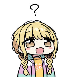 Rule 34 | ?, blonde hair, blush stickers, braid, chan co, chibi, commentary, fang, fujita kotone, gakuen idolmaster, idolmaster, jacket, low twin braids, multicolored clothes, multicolored jacket, open mouth, shirt, simple background, symbol-only commentary, twin braids, white background, yellow eyes, yellow shirt
