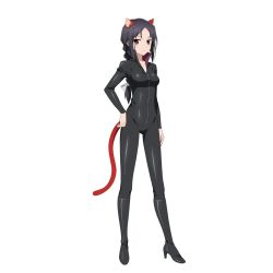 Rule 34 | 10s, 1girl, accel world, animal ears, black footwear, black hair, blood leopard, bodysuit, boots, bow, braid, breasts, brown eyes, cat ears, cat tail, collarbone, grey bow, hair bow, hand on own hip, high heel boots, high heels, kakei mihaya, knee boots, long hair, looking at viewer, simple background, small breasts, solo, tail, white background, zipper